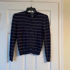 Light Weight Navy Ralph Lauren Cardigan with White Pin Stripes